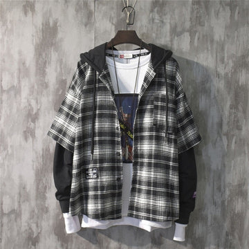 Wiaofellas New Fashion Autumn Hooded Collar Plaid Stitching Sweatshirt Men Japanese Tide Drawstring Loose Casual Hoodies 9A145